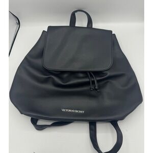 Victorias Secret Black Faux Leather Drawstring Backpack Silver Logo